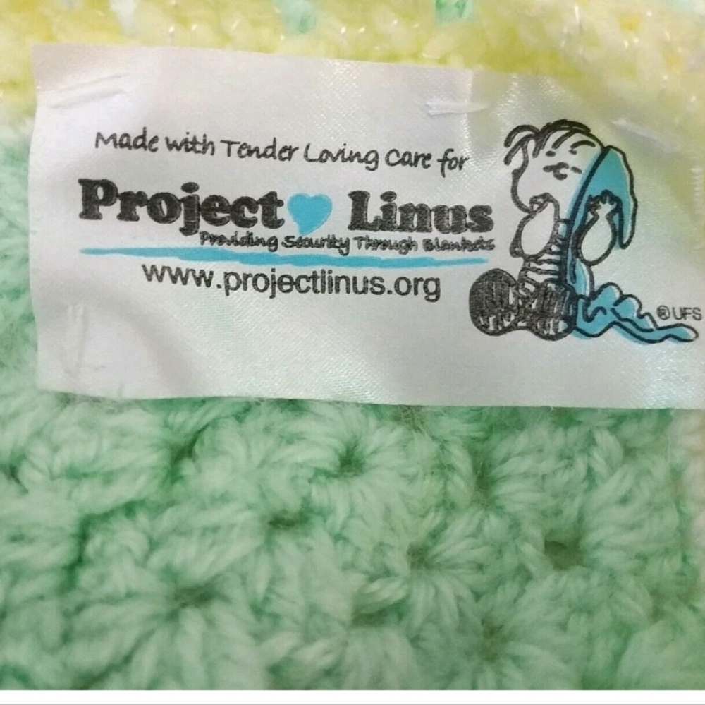 Hand Knit Crochet Blanket, Crib/Twin Green White Yellow 39"x40" Project Linus - Picture 7 of 7